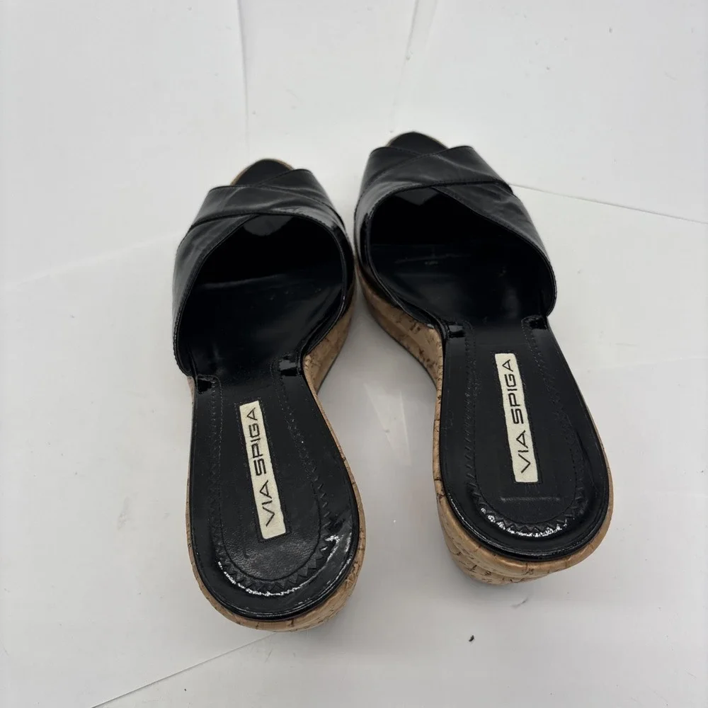 Via Spiga Black Patent Leather Espridalle  Peep Toe Sandal Wedges Women Size 8
